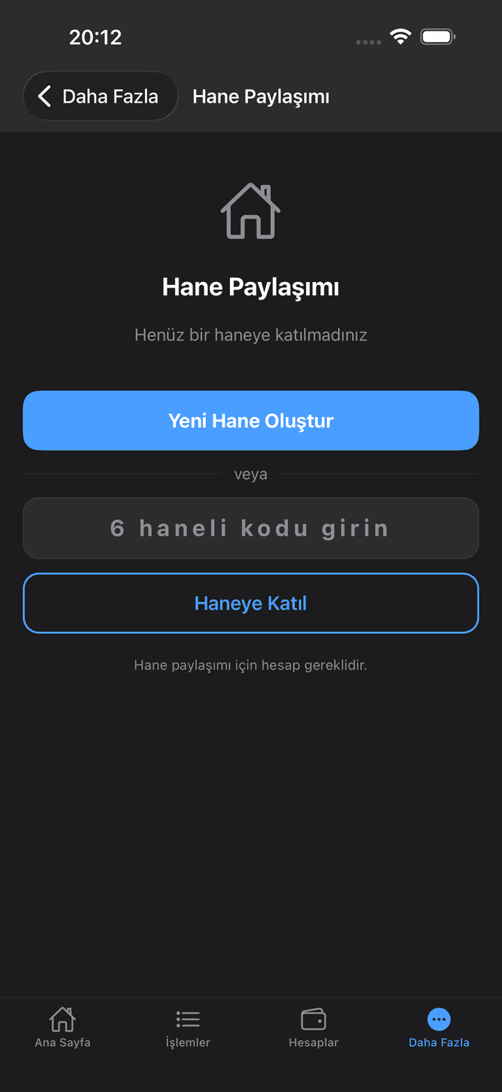 Hane uygulamasında hane oluşturma ve davet koduyla katılma ekranı